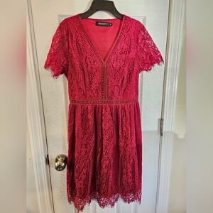 Merokeety Wine Red Lace Floral Dress